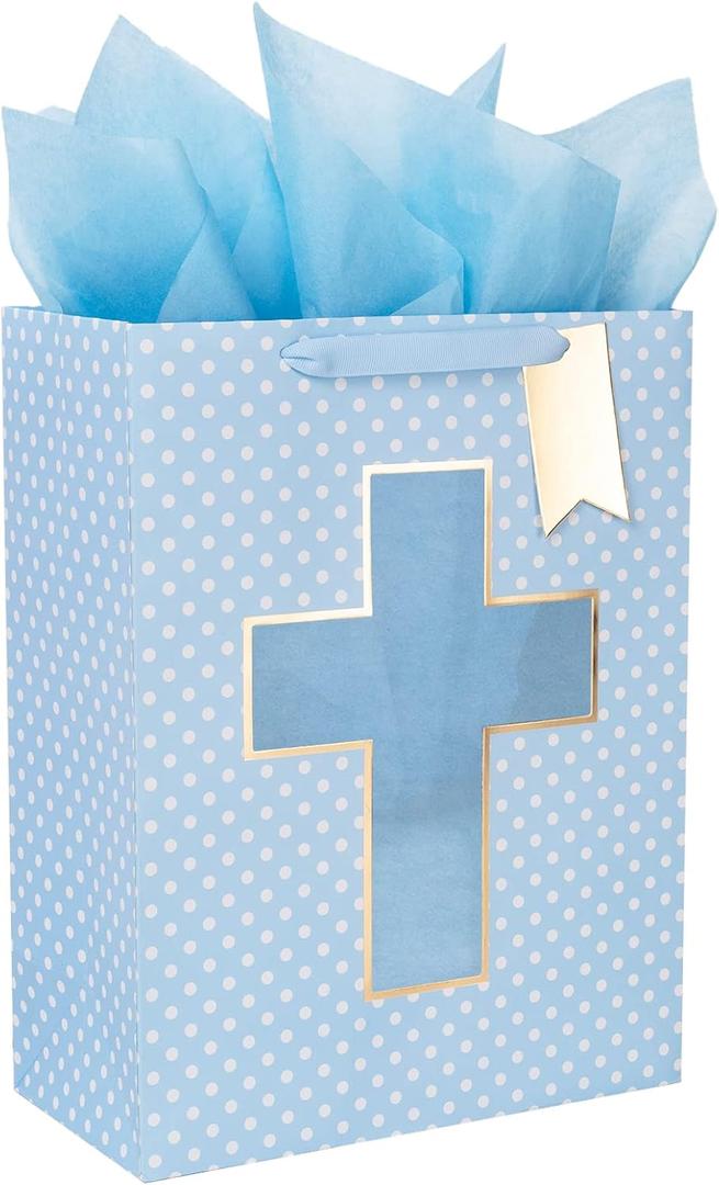 Loveinside Blue Gift Bag with Cross Design, Tissue Paper for Baby Boy Baptisms, Christenings, First Communions Religious Occasion- 10" x 5" x 13", 1 Pcs