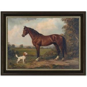Dark Brown Framed Vintage Rustic Canvas Wall Art, 3D Textures Horse and Dog Painting Picture Wall Decor, Farmhouse Animal Poster Print Artwork for Country Living Room, Home Decoration 9x11in