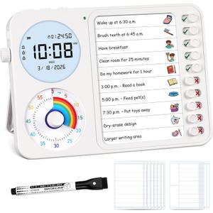 3-in-1 Visual Timer & ADHD Tool for Kids – ADHD Task Timer for Adults with Visual Schedule, Chore Chart & Planning Board for Home, School, Classroom, Work (White)