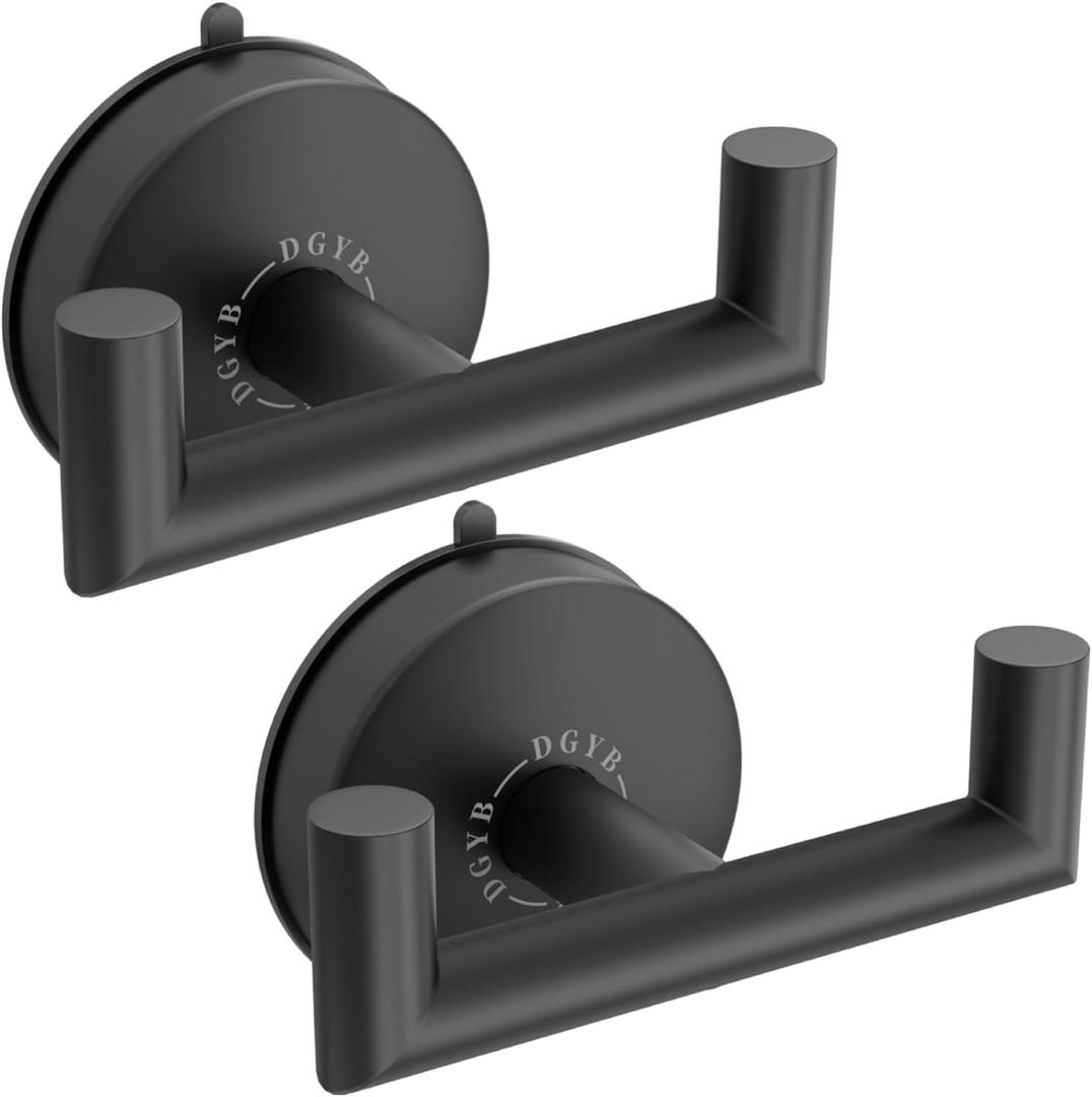 DGYB Double Black Towel Hooks Set of 2 Heavy Duty Suction Cup Hooks for Bathrooms and Showers - Stainless Steel - 15 Lb Capacity