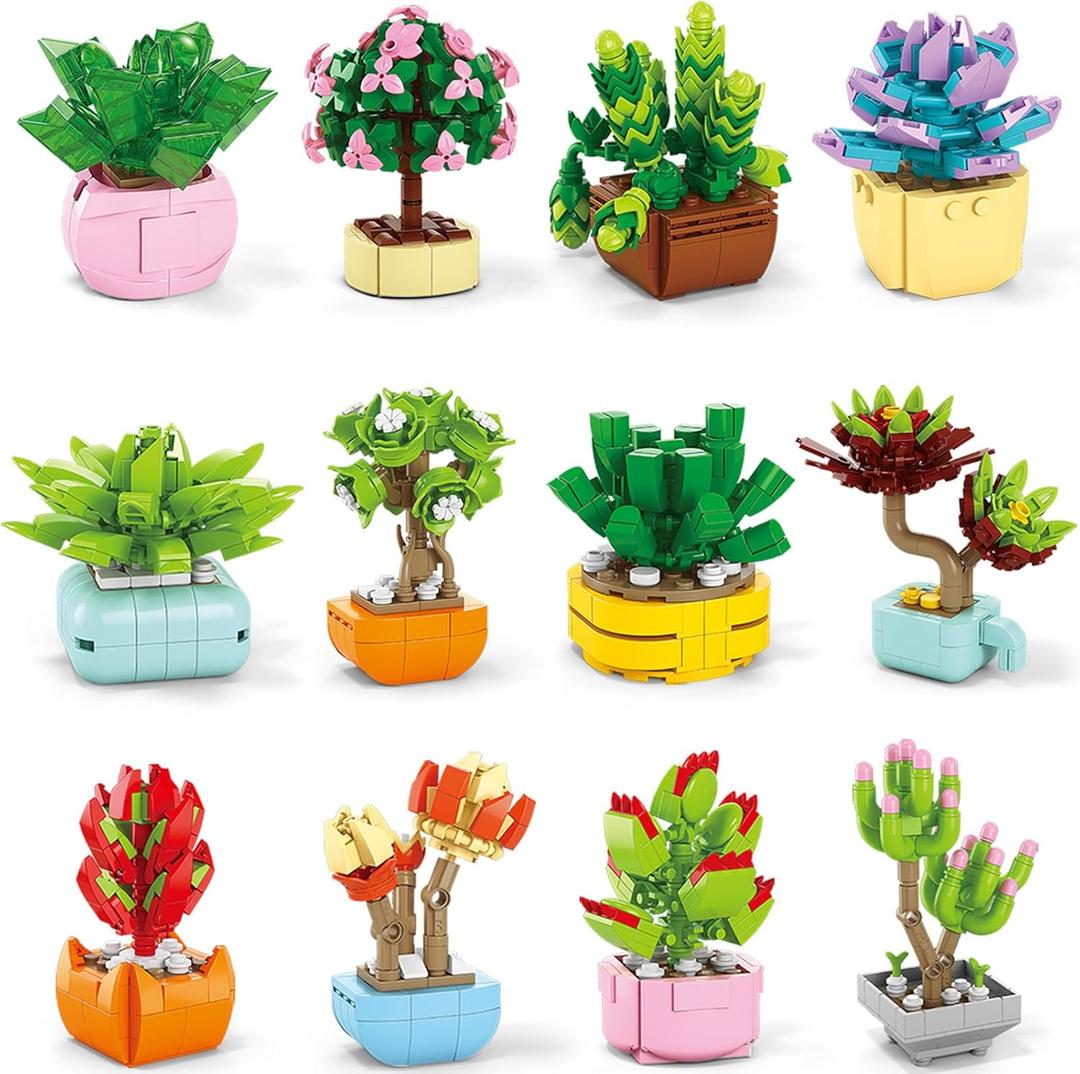 Gifts for Kids - 24 Packs Succulents Building Blocks with Cards Easter Basket Stuffers for Kids Boys Girls, Easter Party Favors Supplies Artificial Botanical Toy Class Prizes Easter Treat Bags