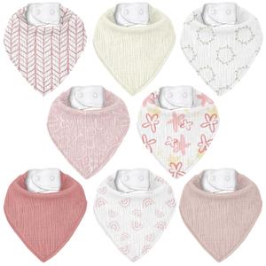 Muslin Baby Bibs 8 Pack, Baby Bandana Drool Bib for Drooling and Teething, Cotton Soft Absorbent for Girls Boys Spring Impression (Pink Floral)