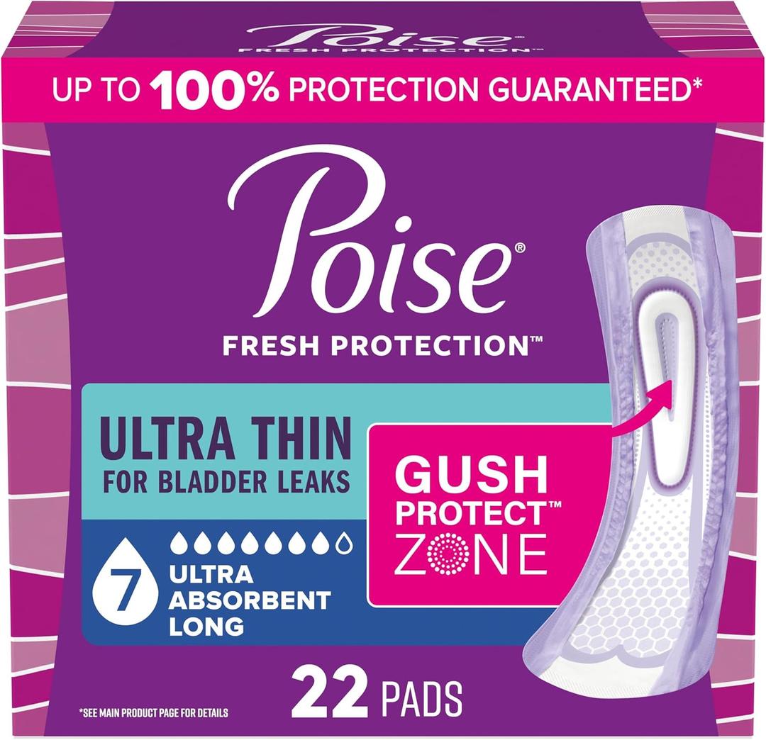 Poise Ultra Thin Incontinence & Postpartum Pads for Bladder Leaks, 7 Drop Ultra Absorbency, Long Length, 22 Count (Packaging May Vary)