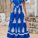 PRETTYGARDEN Womens 2026 Summer Casual V Neck Boho Maxi Dress Flowy Aline Bell Sleeve Tiered Floral Dresses with Pocket (Blue, L)