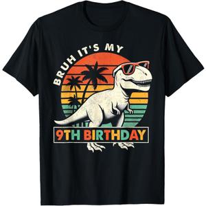 Bruh It's My 9th Birthday Dinosaur T Rex 9 Year Old Boys T-Shirt, L 