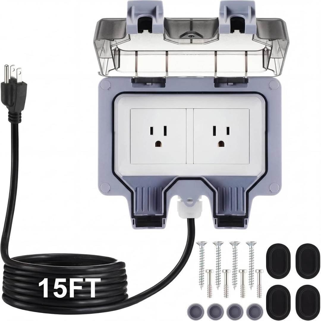 Kanayu Outdoor Outlet Box with 15ft Extension Cord, Dual 15 AMP 5-15 Receptacles Weatherproof Waterproof IP66 Outdoor Exterior Socket with Cover, 14 AWG/3C SJTW Cord