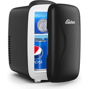 BEICHEN Mini Fridge, 4 Liter/6 Can Portable Cooler and Warmer Fridge for Drinks Skincare Food – Fast Cooling & Ultra-Quiet, Small Compact Refrigerator for Bedroom, Cosmetics, Office and Car(Black), 10.41" x 7.74" x 11"