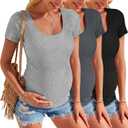 3 Pack Womens Maternity Shirts Summer Short Sleeve Ribbed Pregnancy Clothes Trimesters or Postpartum Cotton Tees (S)