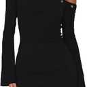 Women's One Shoulder Metal Ring Mini Dresses Sexy Flared Long Sleeve Slim Fit Bodycon Club Party Y2K Fall Dresses (Medium, Black)