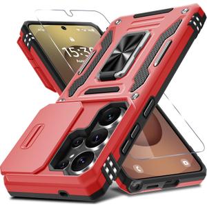 DEERLAMN Case for Samsung Galaxy S26 Ultra 6.9-Inch with Slide Camera Cover+Screen Protector(1 Pack), Rotated Ring Kickstand Military Grade Shockproof Protective Cover-Red