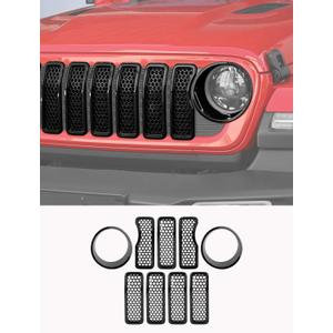 Savadicar Front Mesh Grill Inserts and Headlight Bezels Kit for 2024+ Jeep Wrangler JL JLU 4XE & Gladiator JT - Enhance Your Wrangler's Appearance with Exterior Trim Accessories, 9 PCs, Black