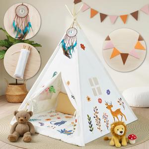 Teepee Tent for Kids with Colorful Flag, Kids Play Tent Indoor with Thicked Mat & Dream Catcher, Toddler Tent with Storage Pockets and Mesh Window for Reading Nook and Imaginative Games (Pure White)