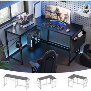 Pamray 47 Inch Reversible L Shaped Gaming Desk Corner Computer Desk with Storage Bag Home Office Table for Writing Study Black