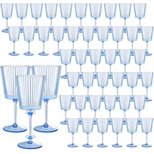 48 PCS Blue Ribbed Plastic Wine Glasses 13.5 OZ Ribbed Wine Glasses Detachable Wine Glass Elegant Fluted Glassware Vintage Style for Wedding Anniversary Birthday Dinner Parties(Blue, 48 Pack)