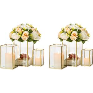 Glass Hurricane Candle Holder Large - Hewory 6pcs Gold Rectangle Flower Holders Centerpiece for Table, Tall Floor Square Pillar Candle Lantern for Wedding, Anniversary, Party, Fireplace, Dining Room