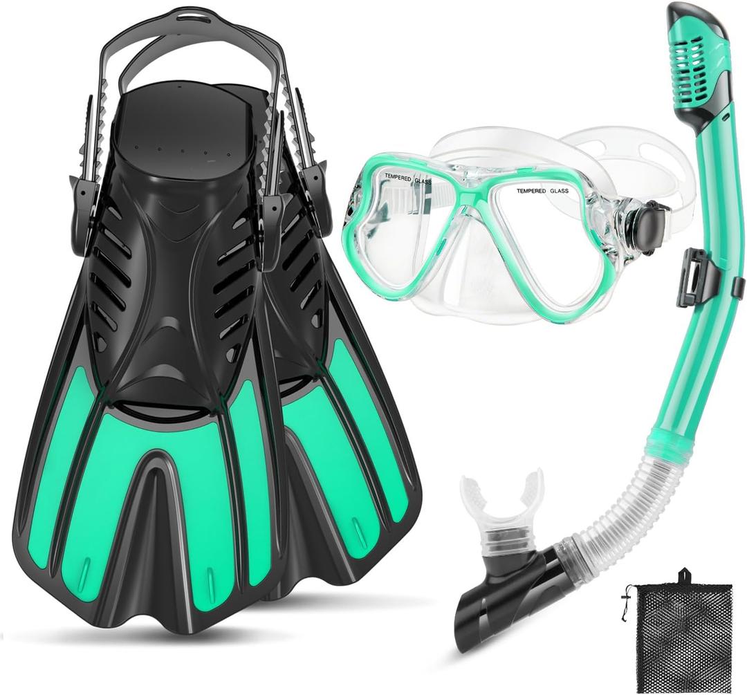 Snorkeling Gear for Adults, 4 in 1 Adult Snorkel Set with Panoramic View Snorkel Mask, Dry Top Snorkel, Adjustable Short Fins and Travel Bag, Snorkel Set with Fins for Snorkeling Diving (Turquoise Blue/Transparent) (S/M)