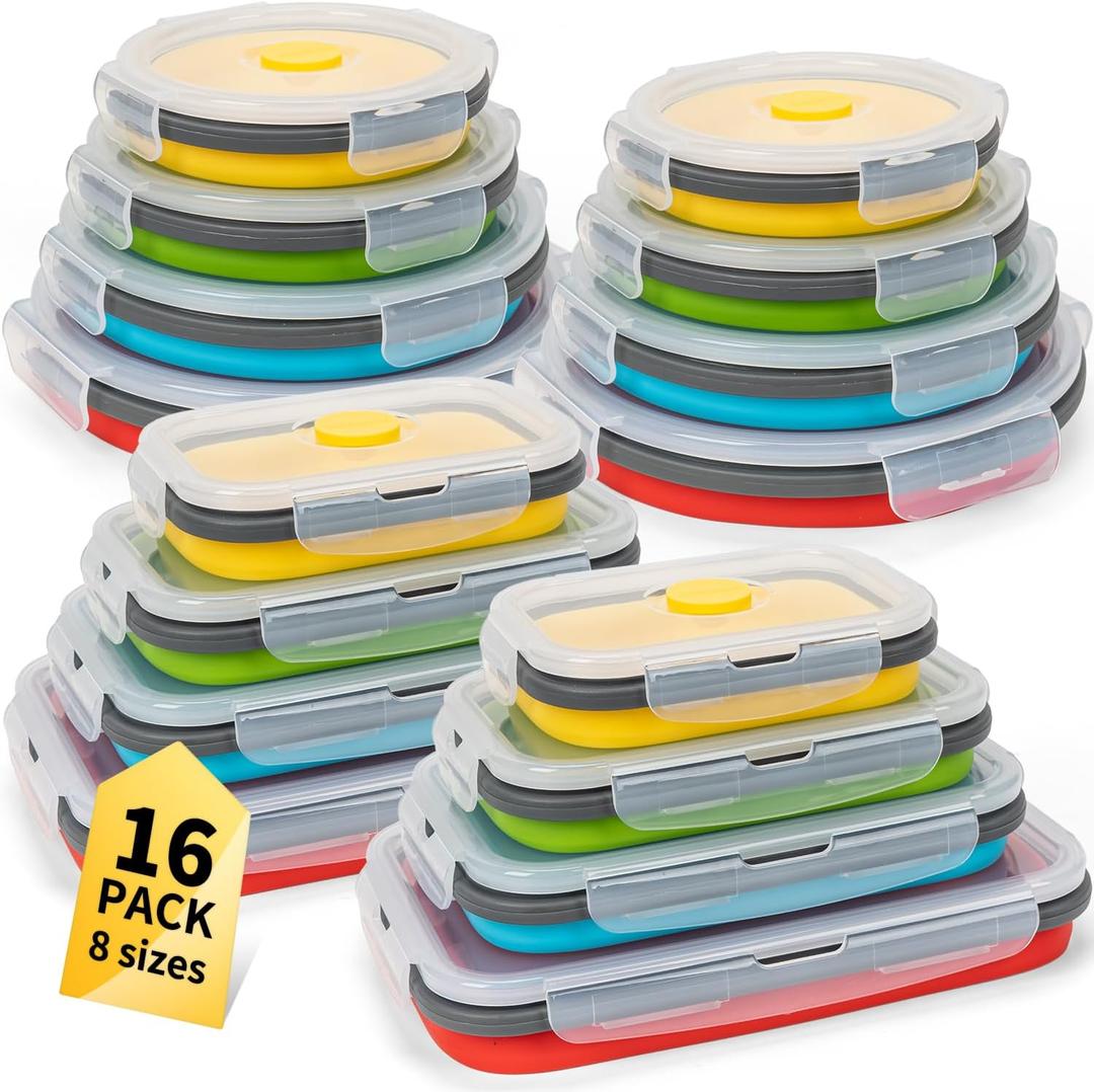 Collapsible Food Storage Containers with Lid & Air Vent, 16 Pack, 8 Rectangular + 8 Round, Annaklin Foldable Silicone Lunch Containers Collapsible Bowls Set, Microwave Freezer Dishwasher Safe, 4-Color