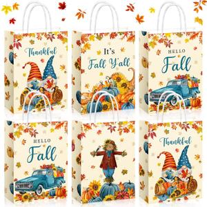 Pasimy 32 Pcs Thanksgiving Gift Treat Bags Fall Gift Goodie Bags Autumn Candy Paper Bag with Handles Pumpkin Maple Leaves Scarecrow Thankful Pouch for Fall Harvest Thanksgiving Party Favors Supplies