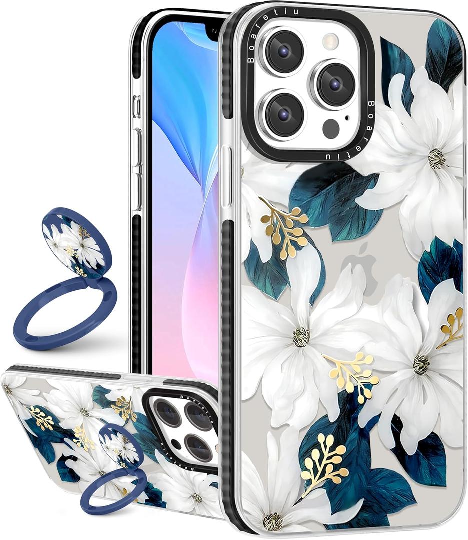 Boaretiu Cute Kawaii for iPhone 13 Pro Case with Stand - Fashion Cool 360 Rotate Ring Holder Kickstand Blue Flower Design for Women Girls Boys Teens Girly for iPhone 13 Pro Phone Case