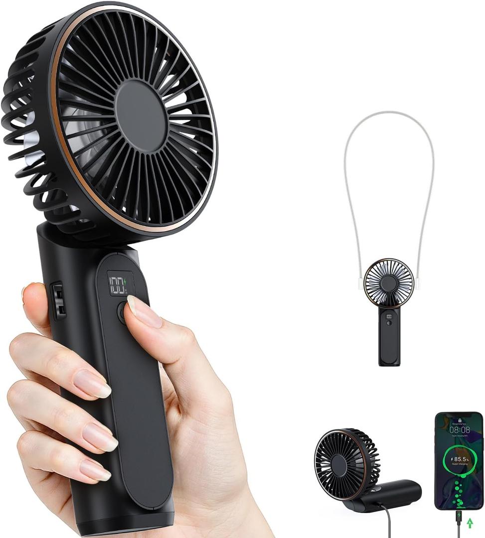 Portable Handheld Fan, 4000mAh, 180 Adjustable, 6 Speed Wind, Display Electricity in Real Time, USB Rechargeable Foldable Personal Fan (Black)