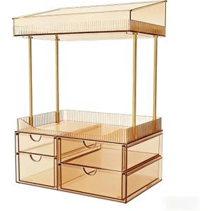 SNSLXH 4 Drawers Makeup Organizer - 4 Tier Makeup Storage, Cosmetics Organiser, Ideal for Cosmetic, 4 Dividers with Drawers for Countertop, Bathroom, Office Supplies, Dresser Transparent Tawny
