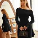 LAGSHIAN Women's Fall Long Sleeve Off Shoulder Trendy Ruched Stretch Bodycon Cocktail Party Flare Mini Dress (Black, M)