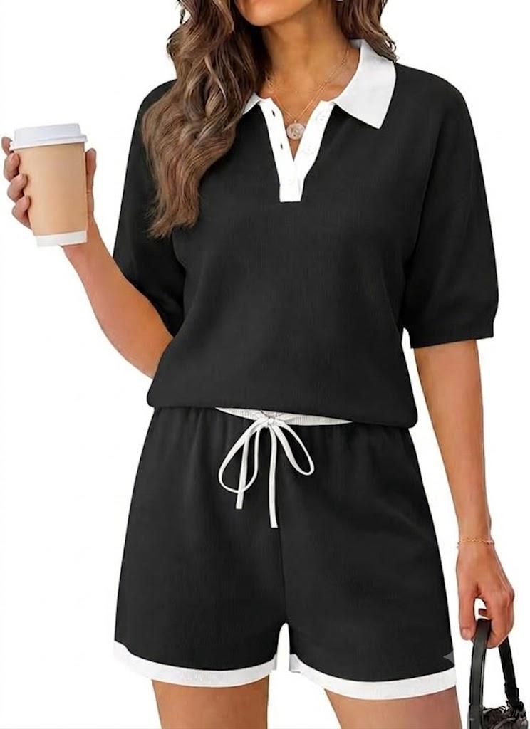 Lounge Sets for Women Two Piece Sets Summer Short Sleeve Shirts and Drawstring Shorts Outfits Vacation Clothing S 
