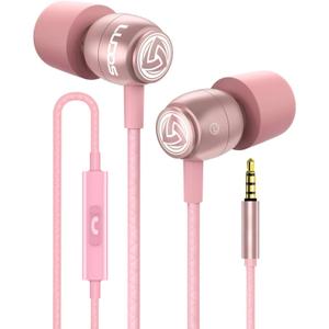 LUDOS Clamor Wired Earbuds in-Ear Headphones, Earphones with Microphone, Noise Isolating Ear Buds, Memory Foam for iPhone, Samsung, School Students, Kids, Women, Small Ears - Pink (1 PACK)
