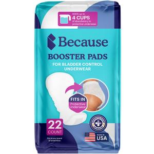 Because Premium Incontinence Booster Pads for Men and Women, Adds Extra Absorbency to Adult Diapers, Super Soft, Adhesive Strip Backing, Unisex, 22 Count