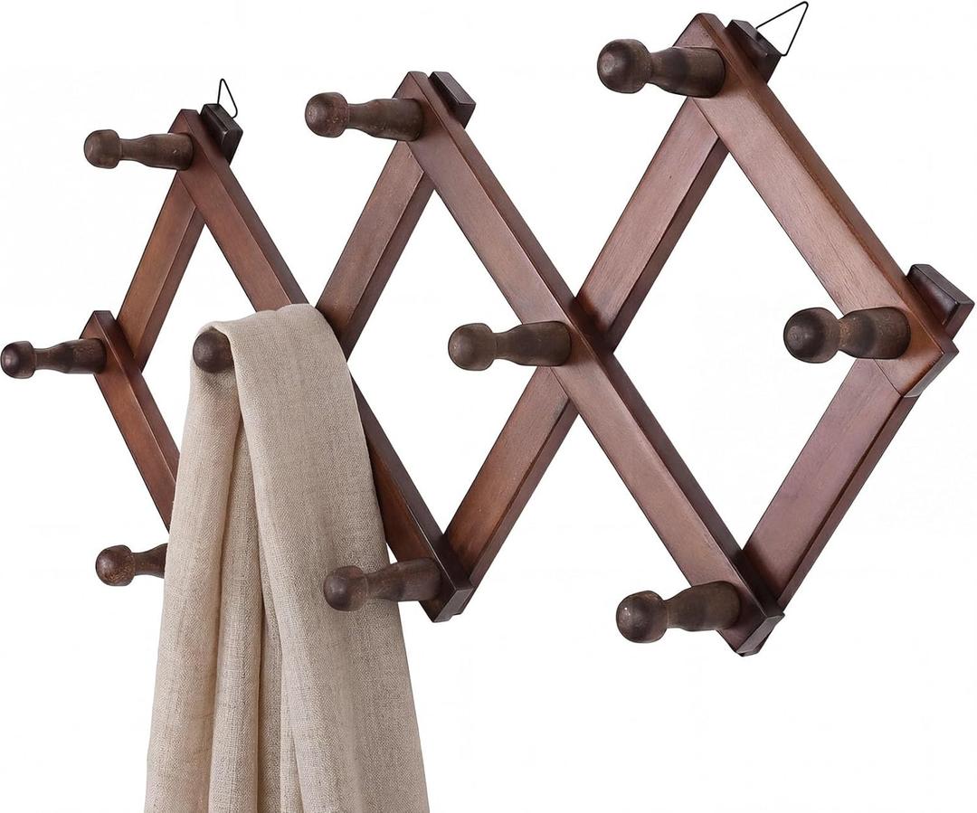 SCUNDA Expandable Hat Hanger for Wall,10 Wall Hooks Organizer for Hat, Coat, Cap, Mug - Space Saving Wall Mounted Hat Rack for Living Room, Entryway, Office (Brown, 10 Hooks)