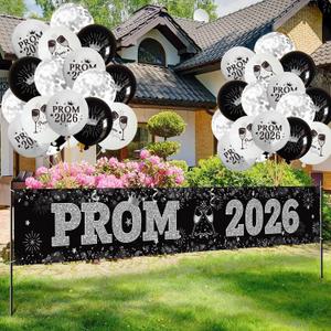 Graduation Prom Banner Decorations for Party 2026, Black and Silver Prom 2026 Decorations Yard Sign Banner with Balloons for Prom Send Off Decorations 2026, 9.8 X 1.6 ft