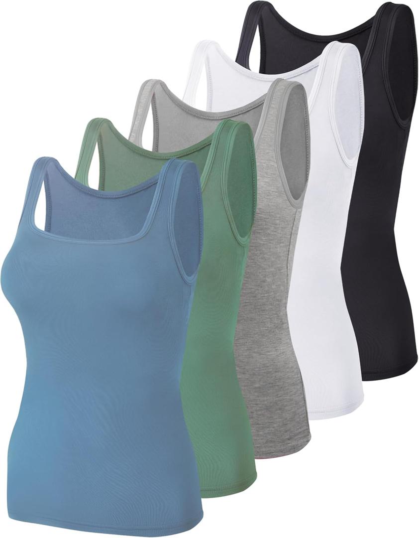 BQTQ 5 Pack Women's Tank Tops Square Neck Sleeveless Ladies Tank Top Undershirts (Large, Black, White, Gray, Cadet Blue, Cornflower Blue)