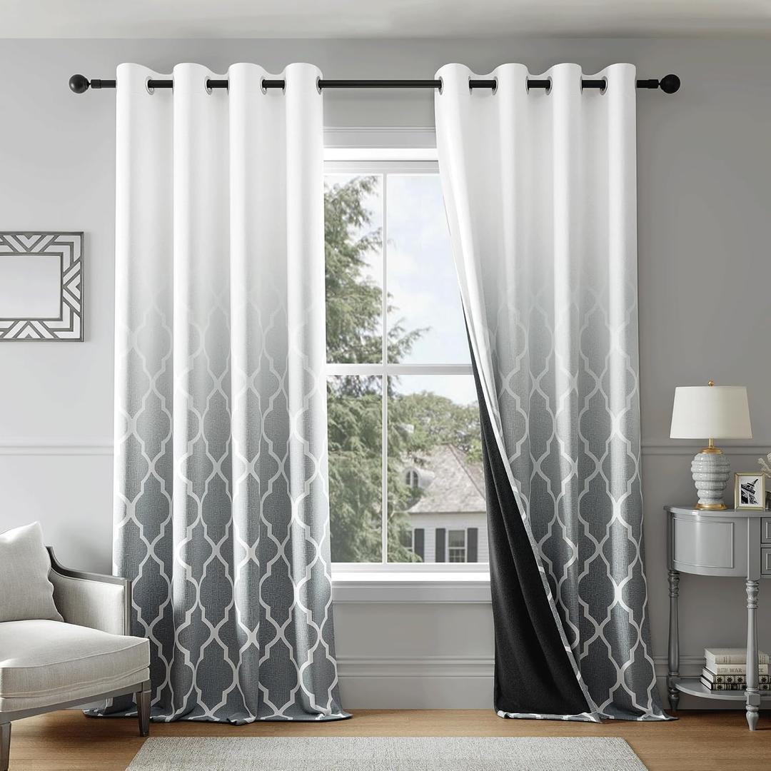 Metro Parlor Ombre Full Blackout Curtains 84 Inches Long 2 Panels for Living Room Bedroom Grey White Moroccan Geo Patterned Room Darkening Thermal Insulated Grommet Top Window Treatment Drapes,52x84