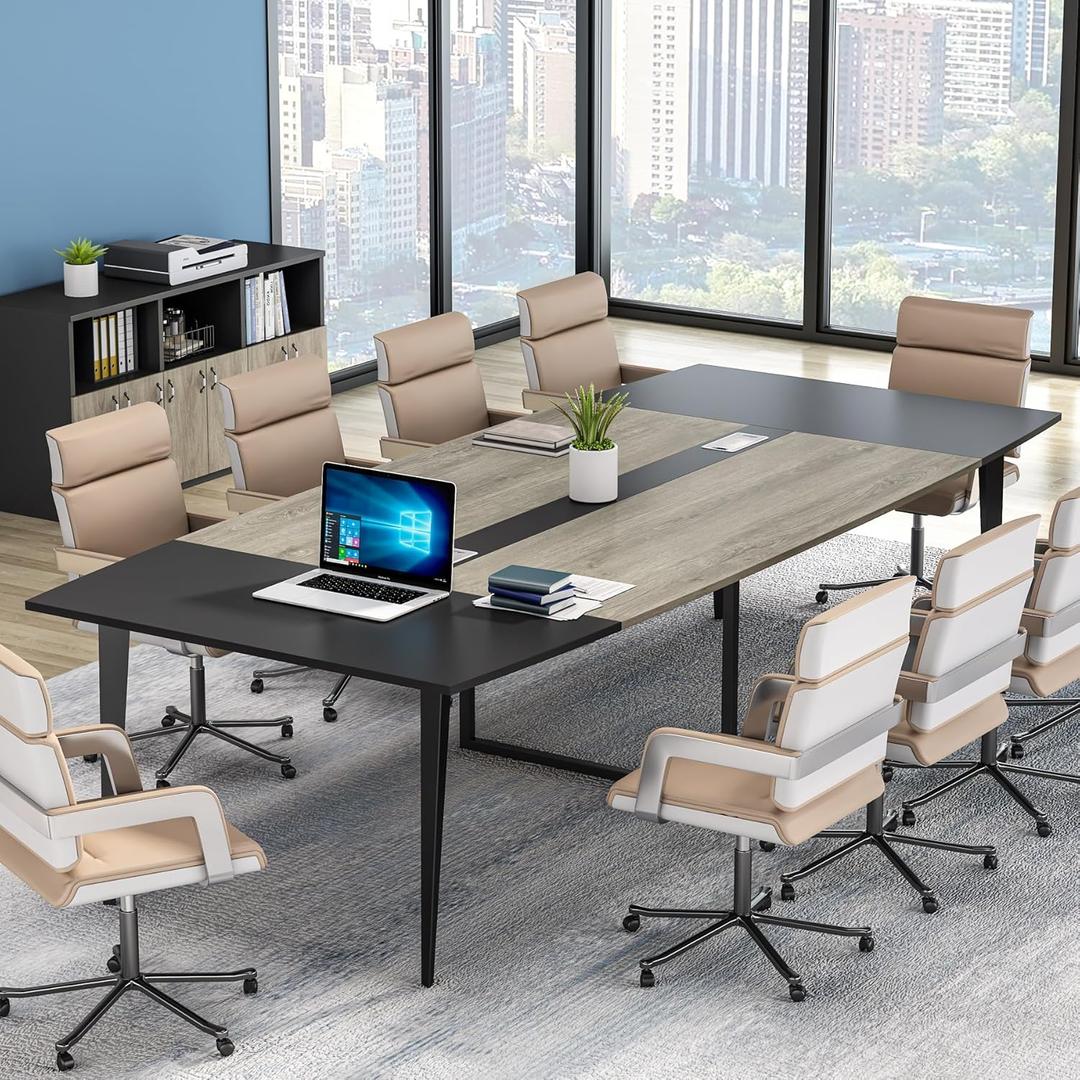 Tribesigns 8FT Conference Table, 94.48L x 47.21W x 29.52H Inches Boat Shaped Meeting Table with Rectangle Grommet, Modern Seminar Boardroom Table for Office Conference Room (Grey & Black, 8ft)