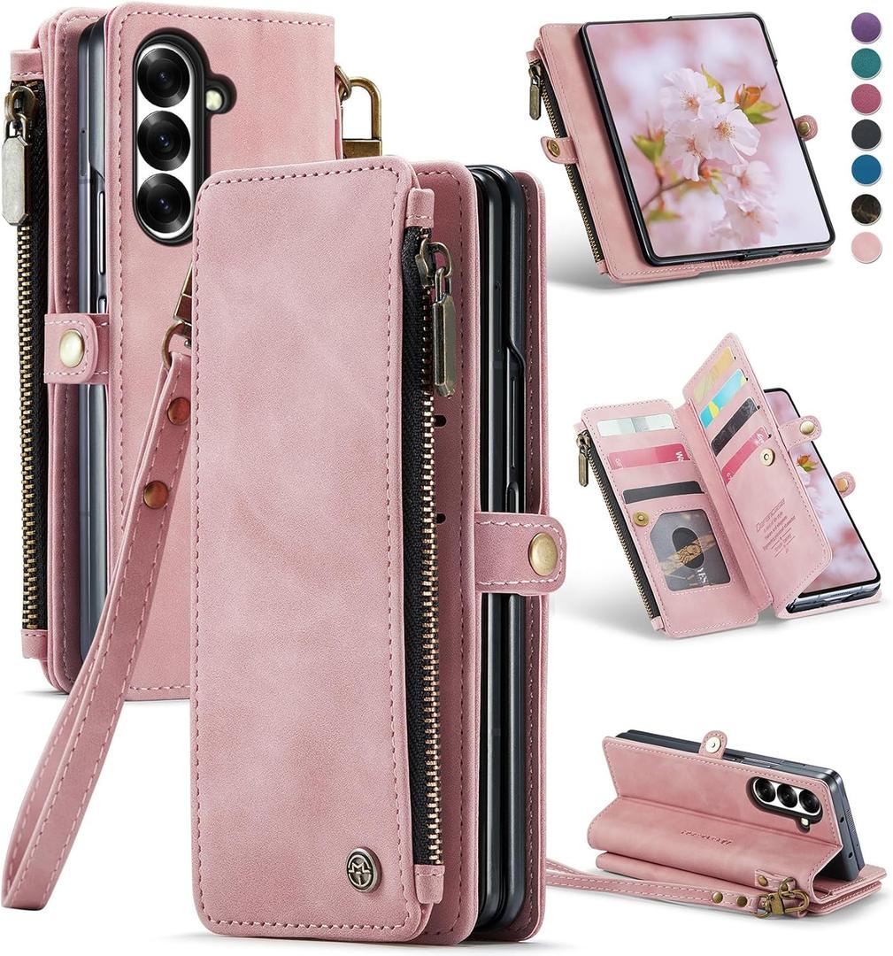 Defencase for Samsung Galaxy Z Fold 7/ Fold7 Wallet Case with RFID Blocking 10-Card Holder, Fashion Soft PU Leather Magnetic Snap Flip Zipper Wrist Strap Phone Case for Galaxy Z Fold 7 5G, Rose Pink