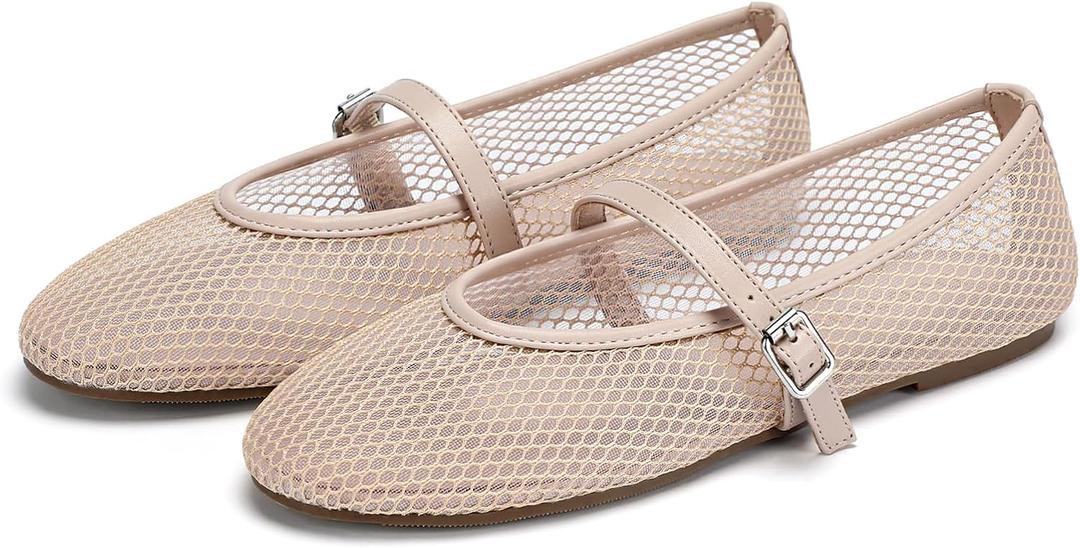 DOBOLIN Mesh Ballet Flats for Women Fishnet Mary Jane Shoes 2025 Summer Trendy Sexy Dressy Round Toe Buckle Strap Ballerina Flat Nude, Size 8.5