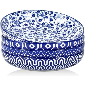 Selamica 9.6" Pasta Bowls Set of 4, 51 OZ Large Salad Bowls, Ceramic Wide and Shallow Serving Bowls for Soup, Dinner, Microwave & Dishwasher Safe, Vintage Blue