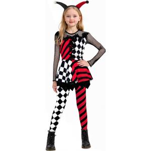 Little Girls Clown Halloween Costume Cosplay Dress with Pants Headband (9-10 Years, Black)
