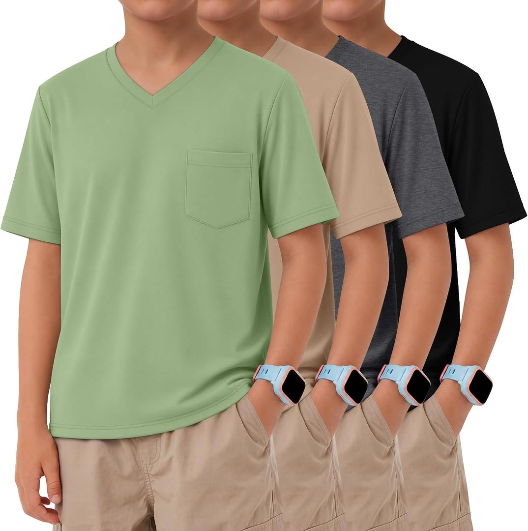 4 Pack Boys' Short Sleeve T-Shirts V Neck | Boys' V Neck T-Shirts, Short Sleeve, Summer, Pocket, Loose Fit Tops, Kids Casual, Solid, Basic Tees, 5-14 Years