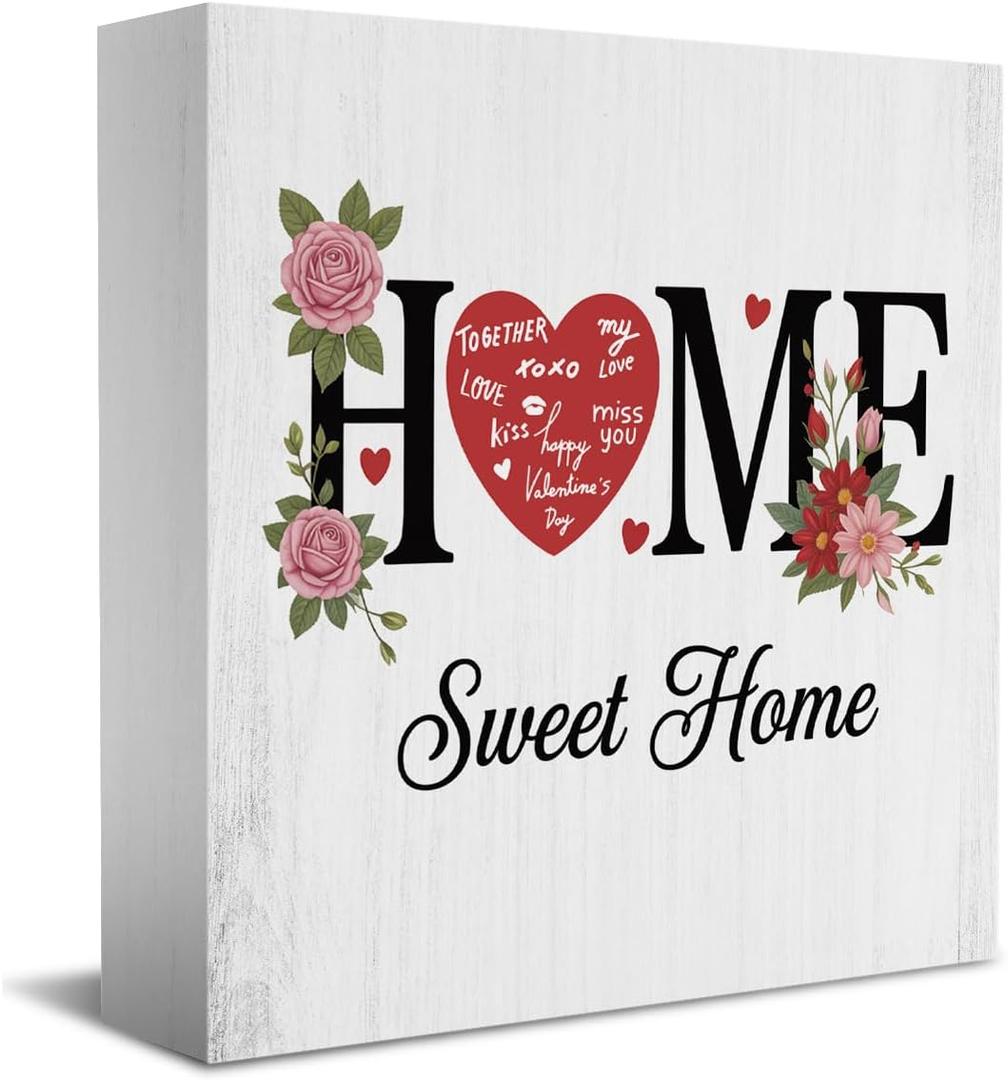 HTBIG Wooden Box Sign Home Sweet Home Farmhouse Homes Decorations Sign Desk Decor for House Bedroom Living Room Kitchen Tabletop Shelf Table, House Warming Gifts 5 x 5 Inches