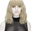 QACCF Blonde Bob Wig Short Wavy Pelucas Women Full Bang Synthetic Realistic Linen Mixed Blonde Wig with Bang (Linen)
