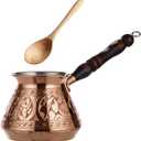 DEMMEX Thickest Copper Turkish Coffee Pot Cezve Ibrik Stovetop Coffee Maker Greek Coffee Briki with Wooden Handle & Spoon, Hand Engraved
