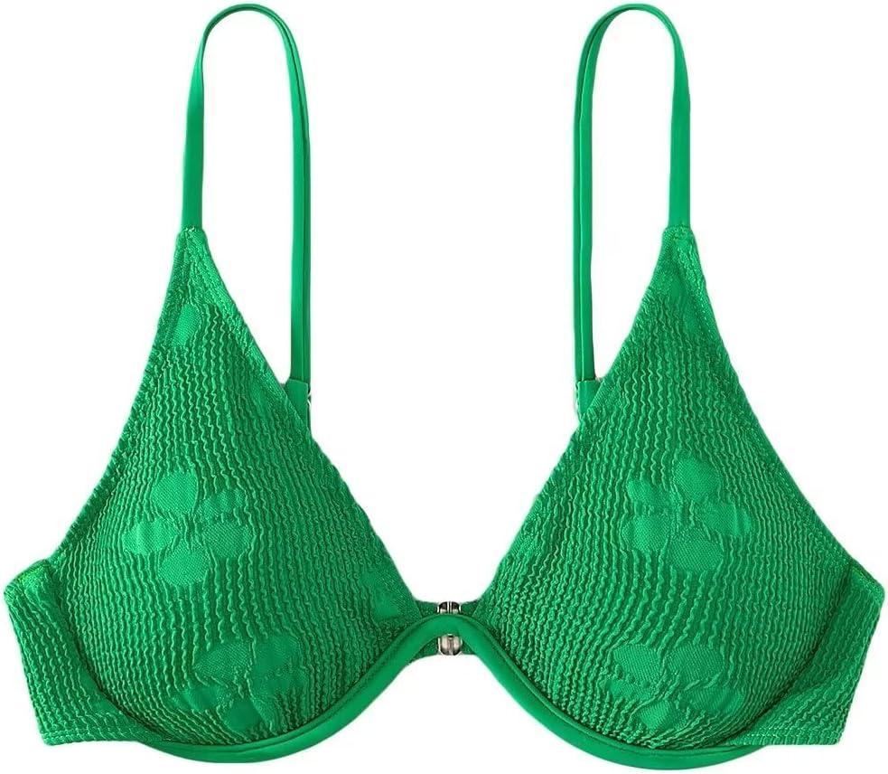 Women's Bathing Suit Floral Pattern Underwire Swimsuit Bikini Top (Medium, Green)