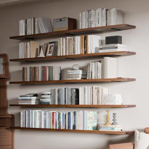 5 Tier Book Shelf,72 inch Long Floating Shelf for Wall,Adjustable Large Bookcase,Wall Mounted Bookshelf Display Shelves (Walnut)