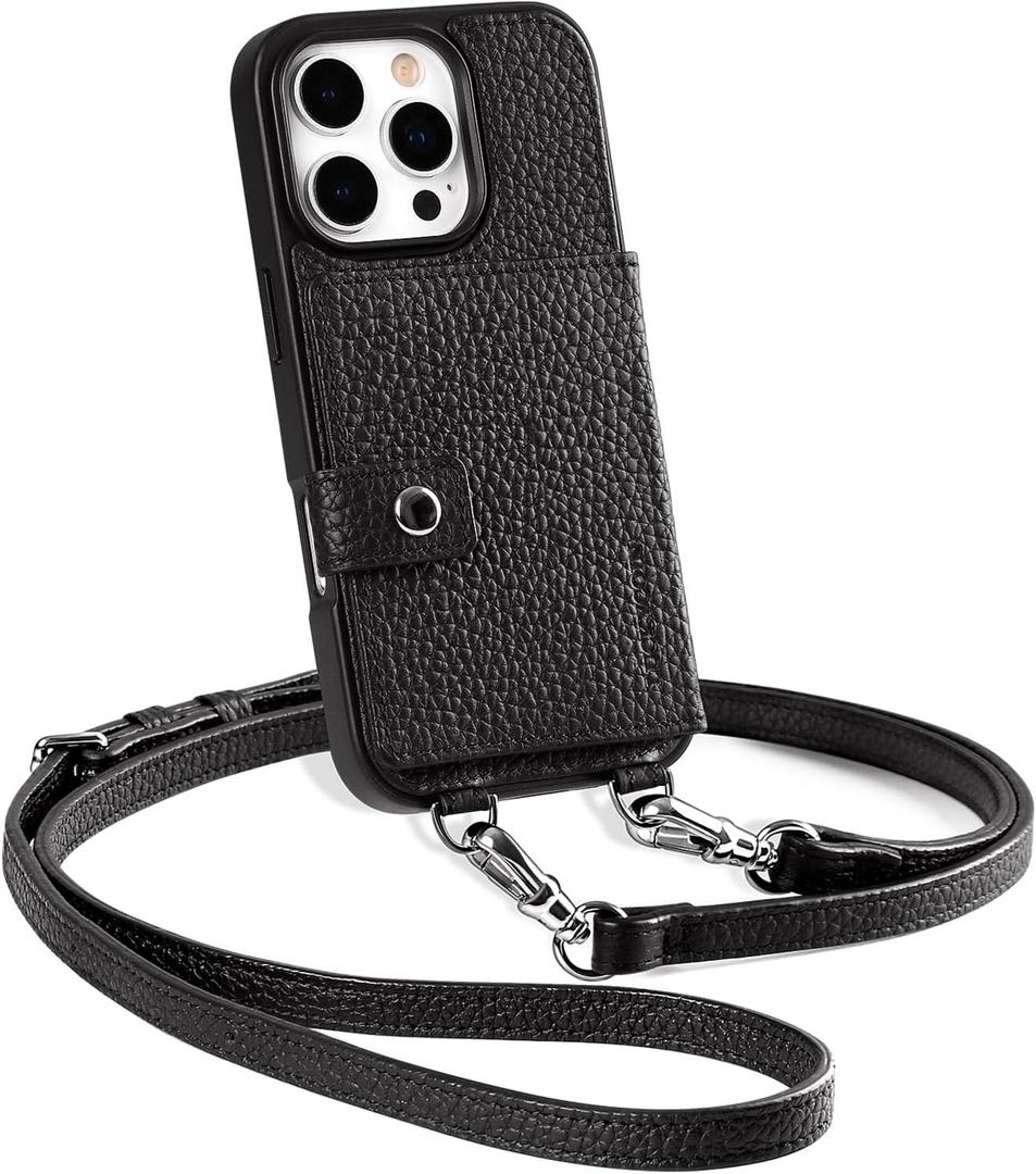 LUCKYCOIN for iPhone 16 Pro Crossbody Wallet Phone Case,Compatible with MagSafe,Genuine Leather Magnetic Phone Case with Card Holder and Adjustable Strap,with RFID Blocking Black