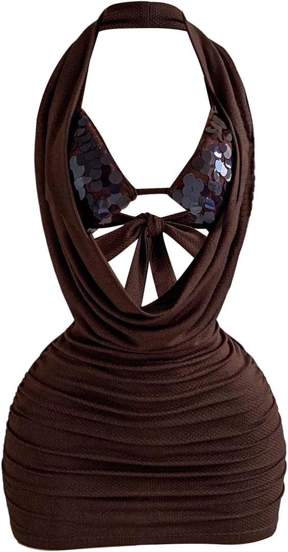 SOLY HUX Women's Halter Deep V Neck Sparkly Mini Dress Party Club Bodycon Dresses (Brown, L)