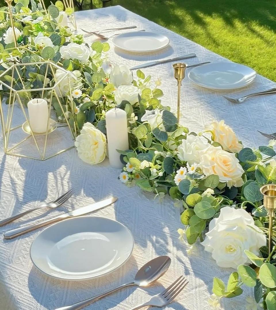 Artificial Eucalyptus Garland (Roses, Peonies, Daisies) - Fake Greenery Garland for Weddings, Parties, Backdrops; Indoor/Outdoor Wall, Table, Door & Hanging Decor.