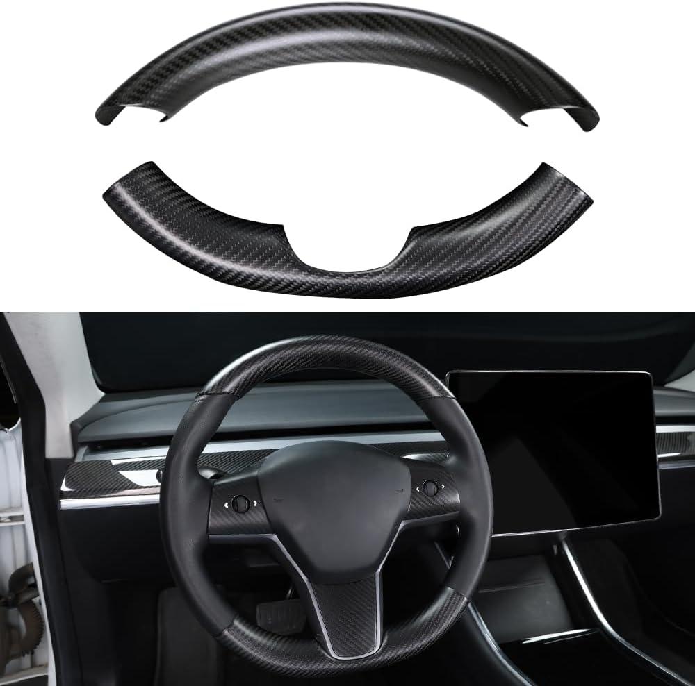 JSWAN Real Carbon Fiber Steering Wheel Cover for Tesla Model 3 2017 to 2023 Model Y 2020 to 2024 Steering Wheel Cover Steering Wheel Wrap Protector Interior Accessories (Matte Black 2Pcs)