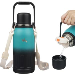 Insulated Water Bottle with Handle and Strap,Vacuum Travel Tumbler with Cup Lid,Thermo Coffee Cup for Hot Cold Drinks 40 OZ,TealBlack