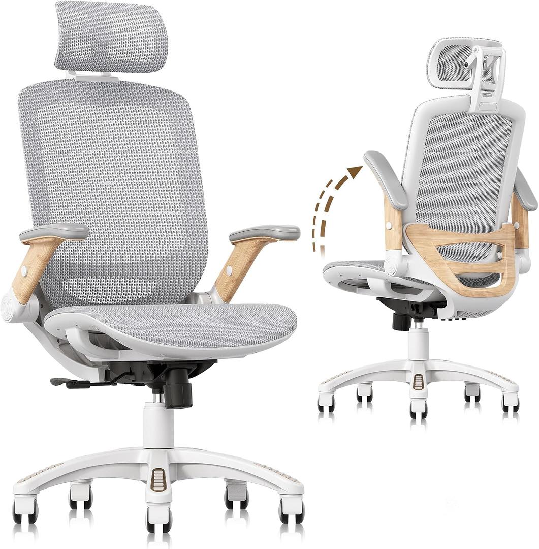 GABRYLLY Ergonomic Office Chair, High Back Home Desk Chair with Flip-Up Arms, Headrest, 90-120 Tilt and Wide Cushion, 300LBS White Mesh Chair for Work Gaming Study (GY01-NT, Woodgrain Pattern)